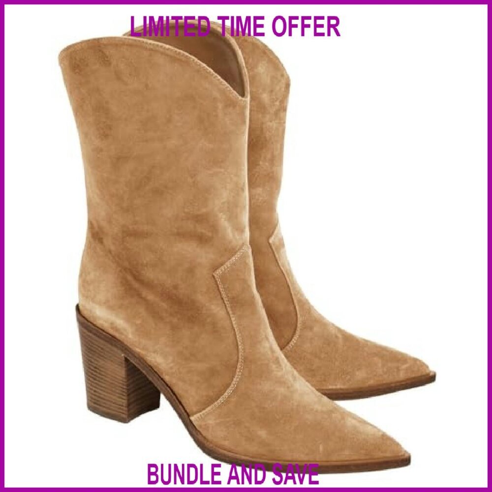 Women's Mid Calf Western Boots Chunky Block Heel Pointed Toe Faux Suede - Picture 2 of 8